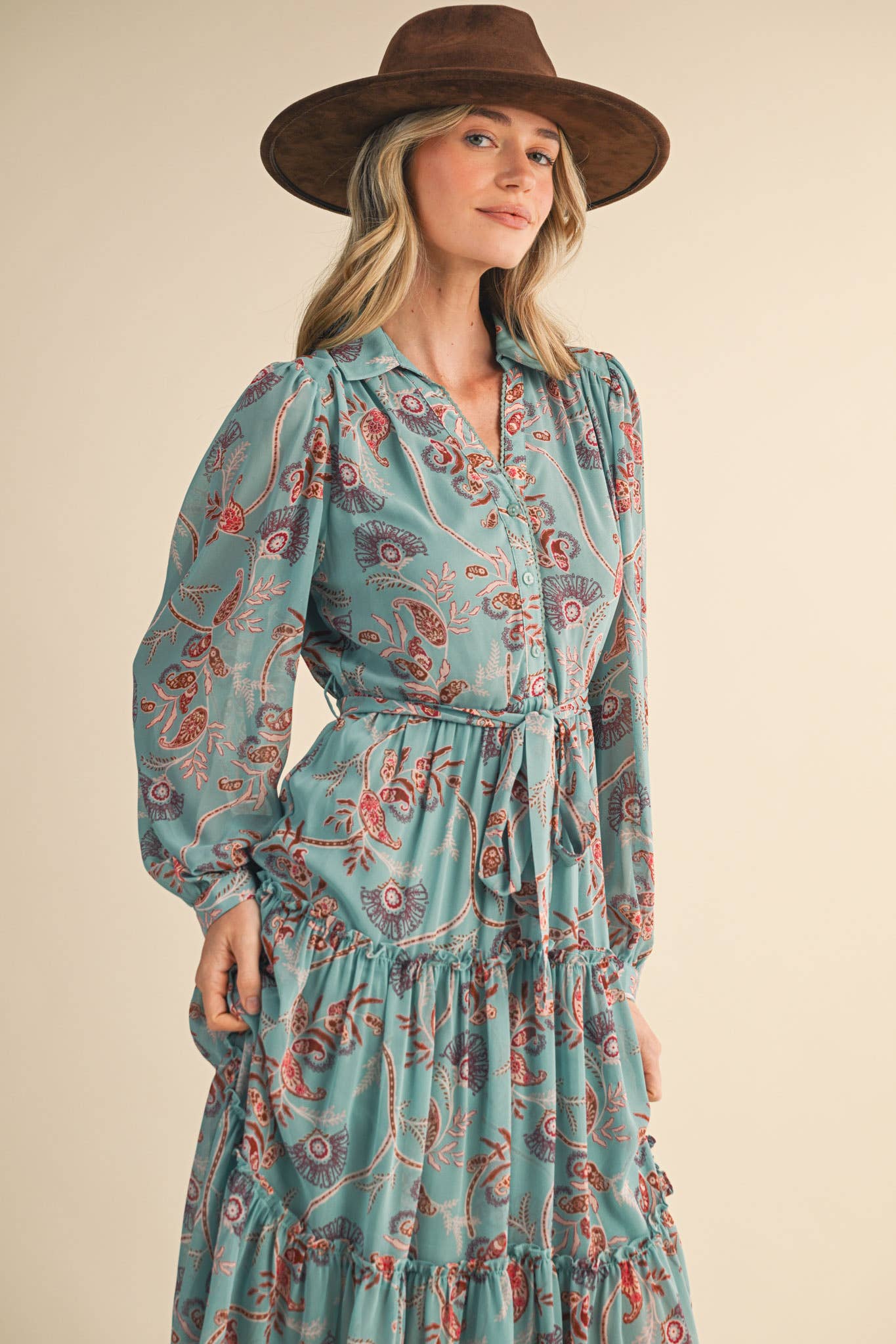 EXCLUSIVE PAISLEY PRINT RUFFLE TIERED MIDI DRESS MDR4534 - Mainstream Boutique