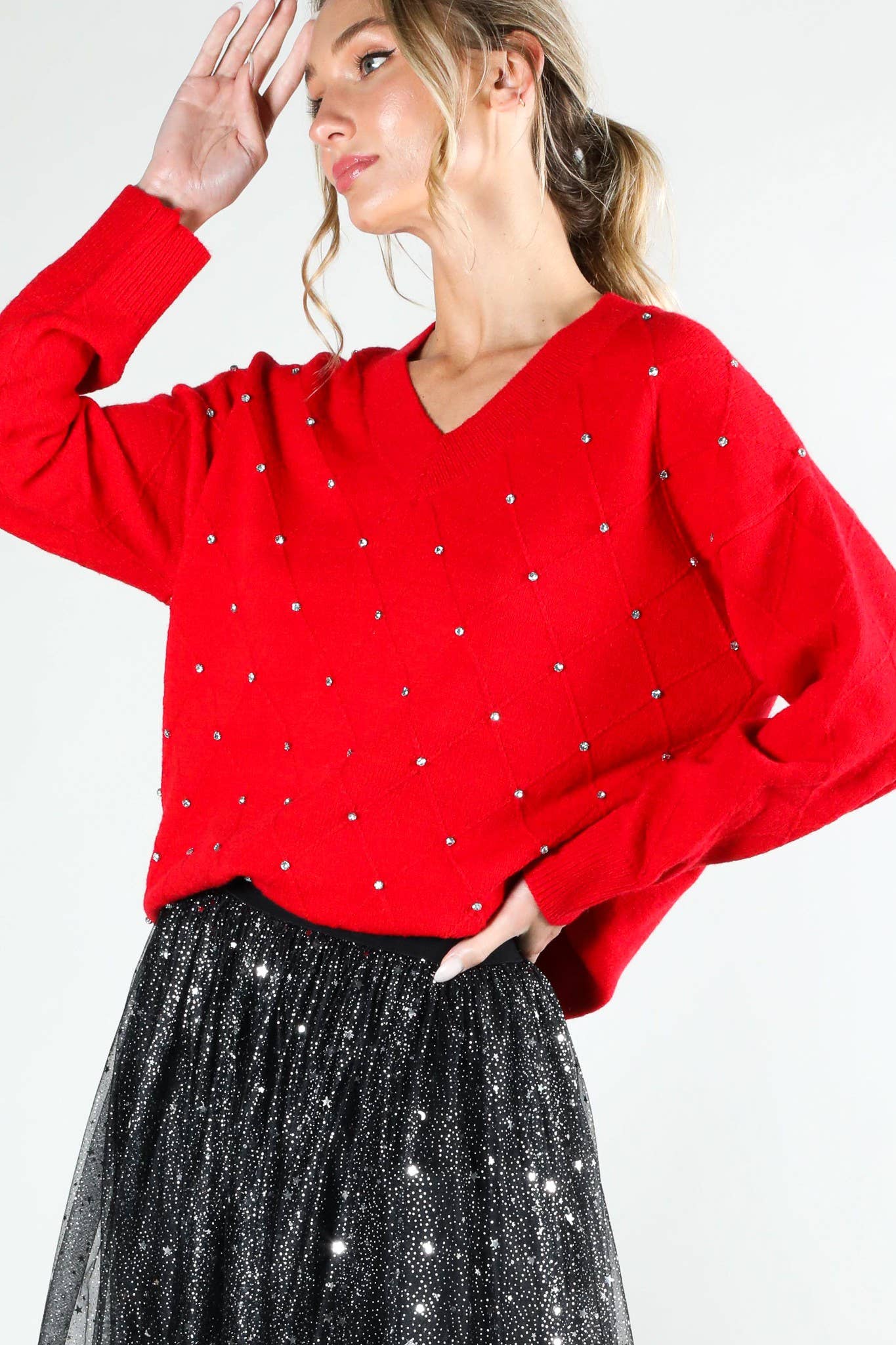 V - Neck Rhinestone Accent Argyle Knitted Sweater Top VT81546 - Mainstream Boutique