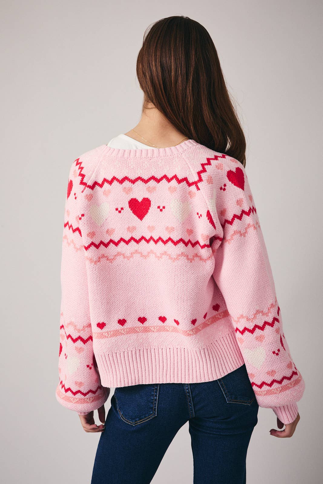 ROUND NECK LONG SLEEVE "HEART" PATTERN SWEATER CARDIGAN - Mainstream Boutique