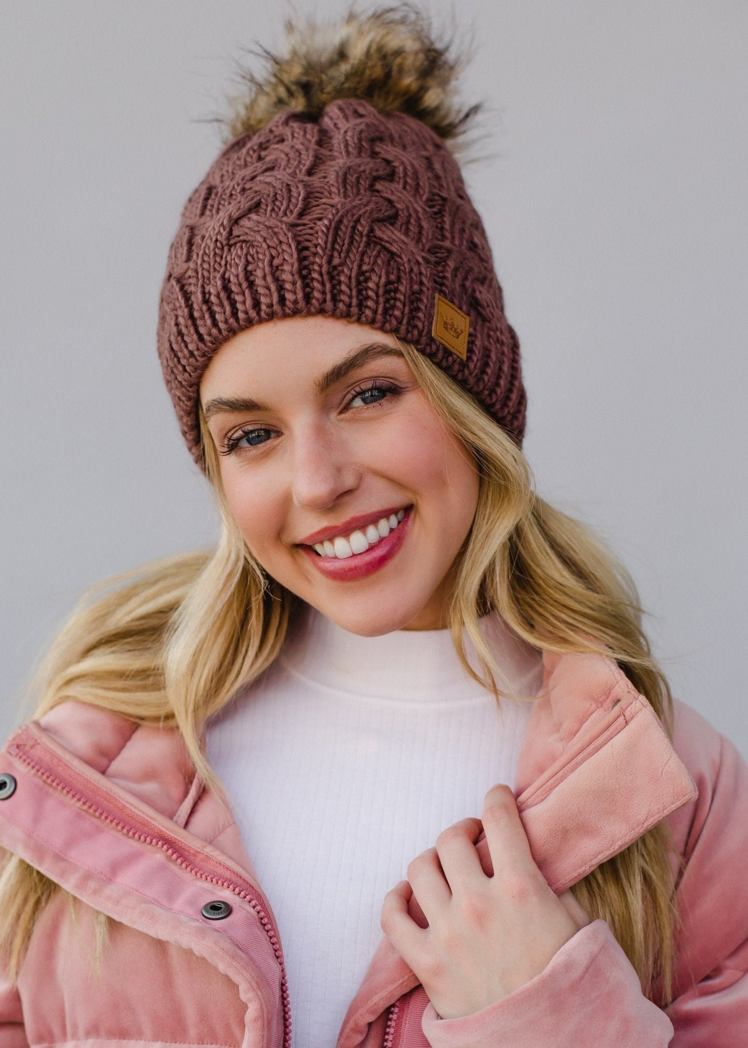 Brown Braided Knit Pom Hat - Mainstream Boutique