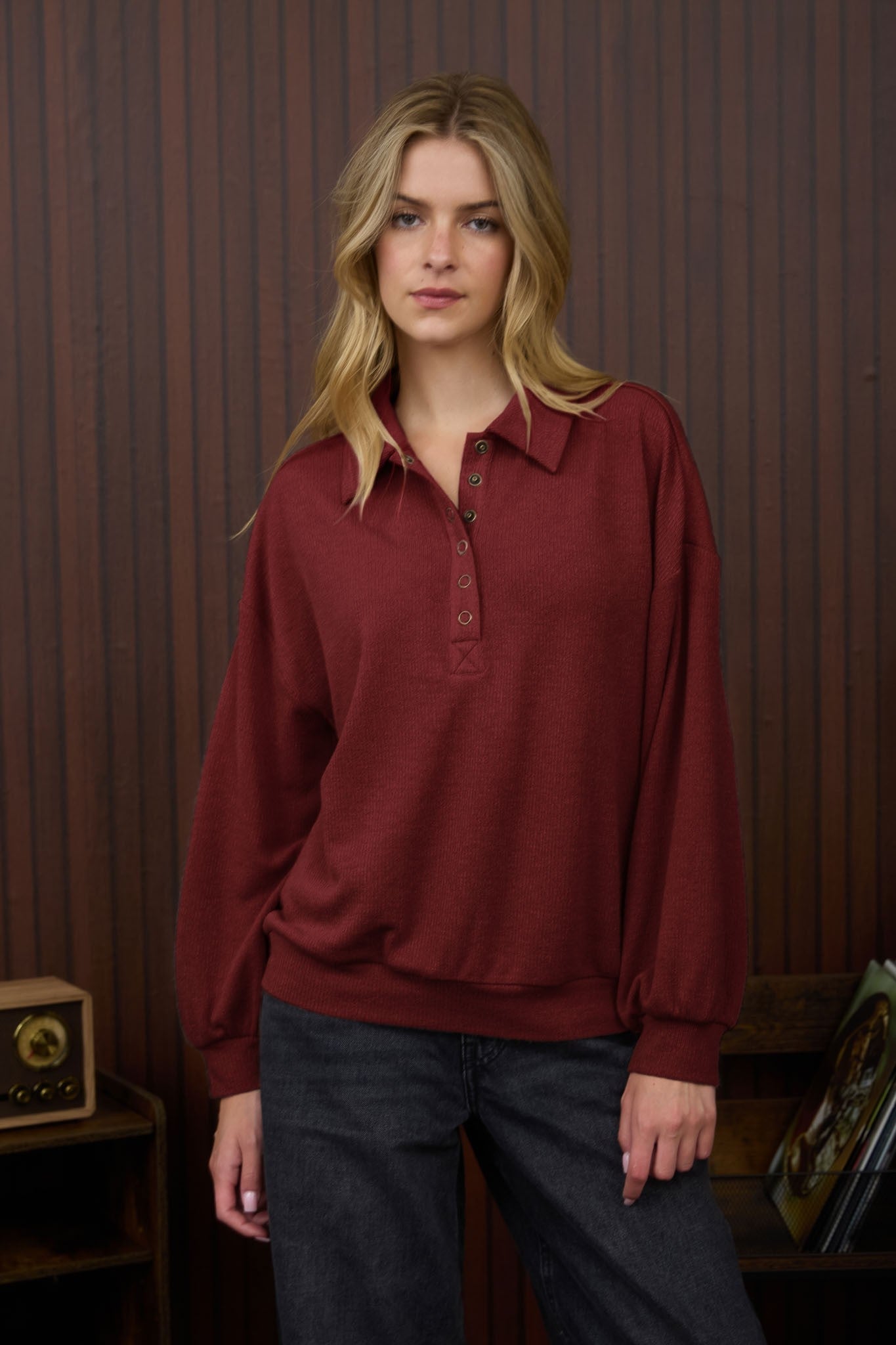 Collared Half Snap Button Long Sleeve Knit Top - Mainstream Boutique