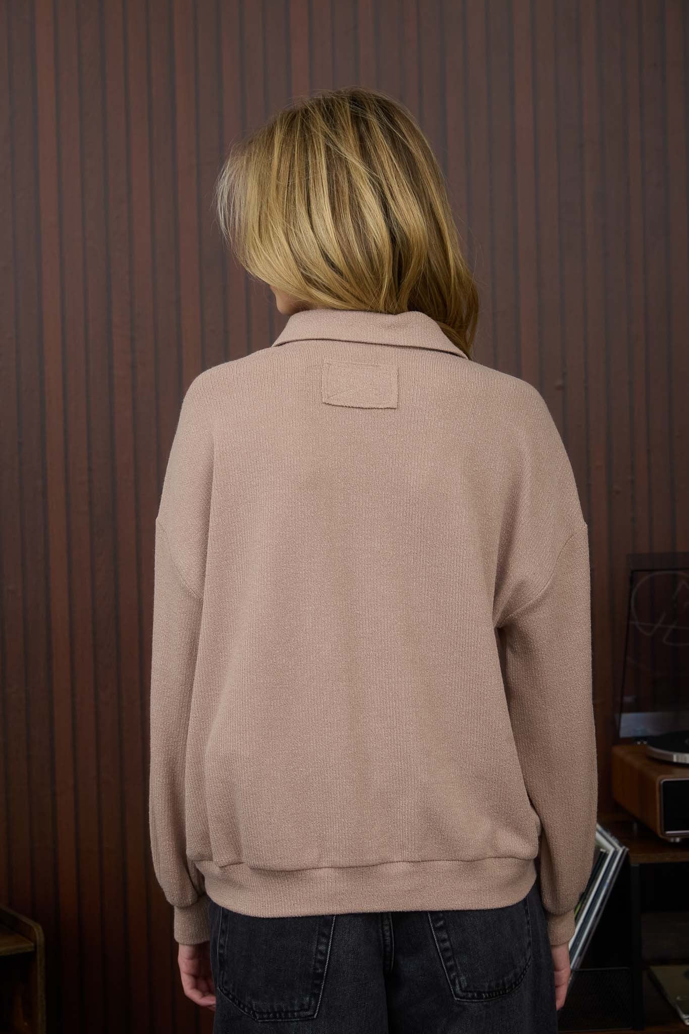 Collared Half Snap Button Long Sleeve Knit Top - Mainstream Boutique