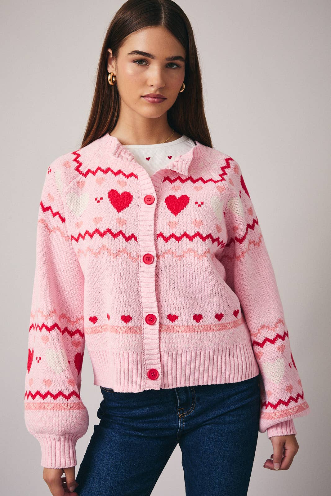 ROUND NECK LONG SLEEVE "HEART" PATTERN SWEATER CARDIGAN - Mainstream Boutique
