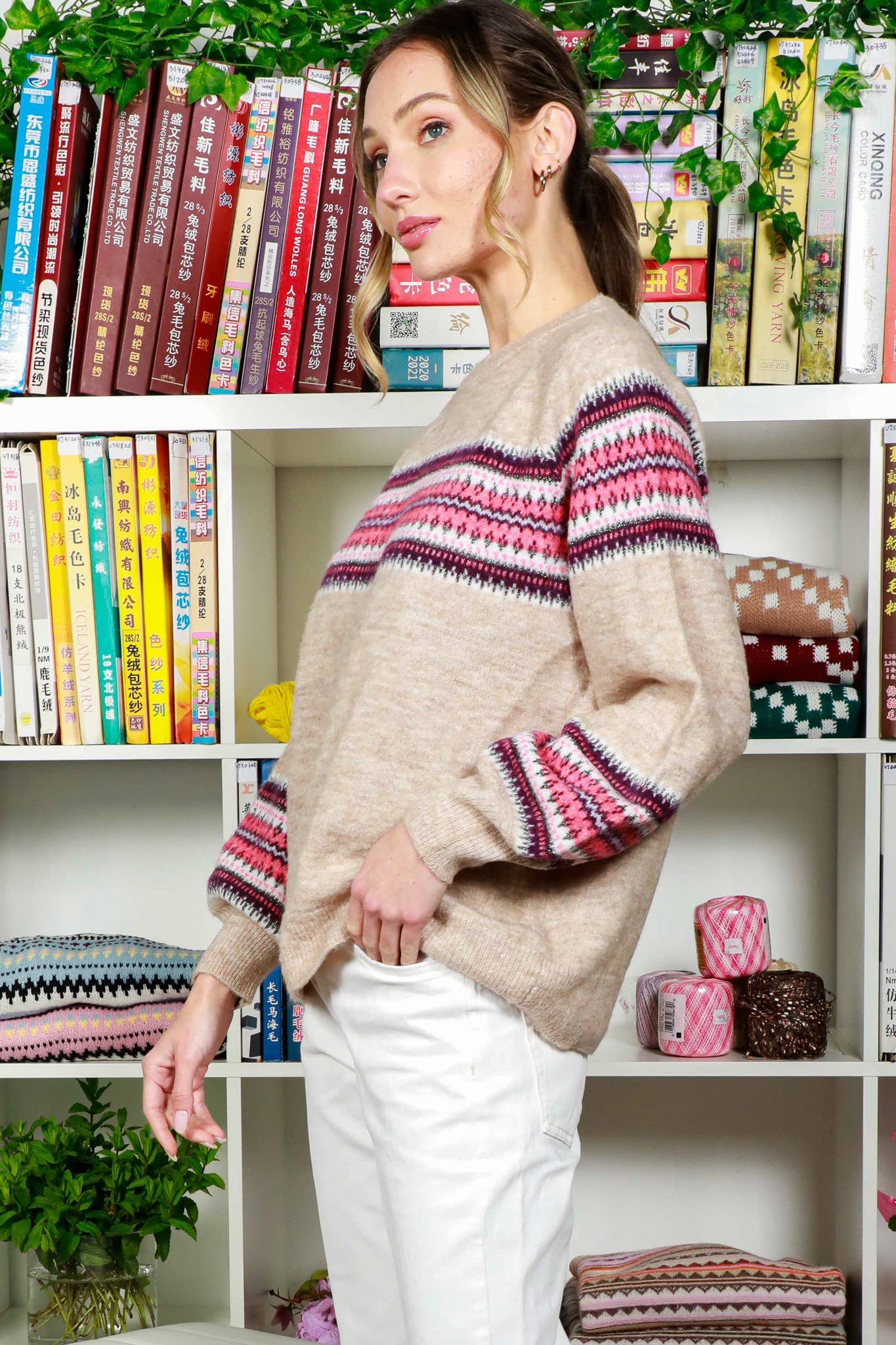 Crew Neck Balloon Sleeve Geo Pattern Printed Sweater - Mainstream Boutique