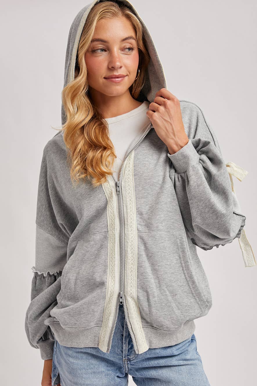 BALLOON SLEEVE LACE TRIMMED ZIPPER FRONT HOODIE OUTERWEAR - Mainstream Boutique