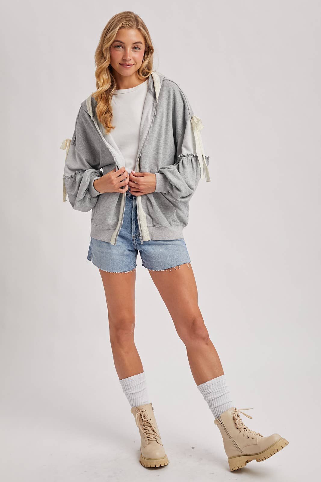 BALLOON SLEEVE LACE TRIMMED ZIPPER FRONT HOODIE OUTERWEAR - Mainstream Boutique