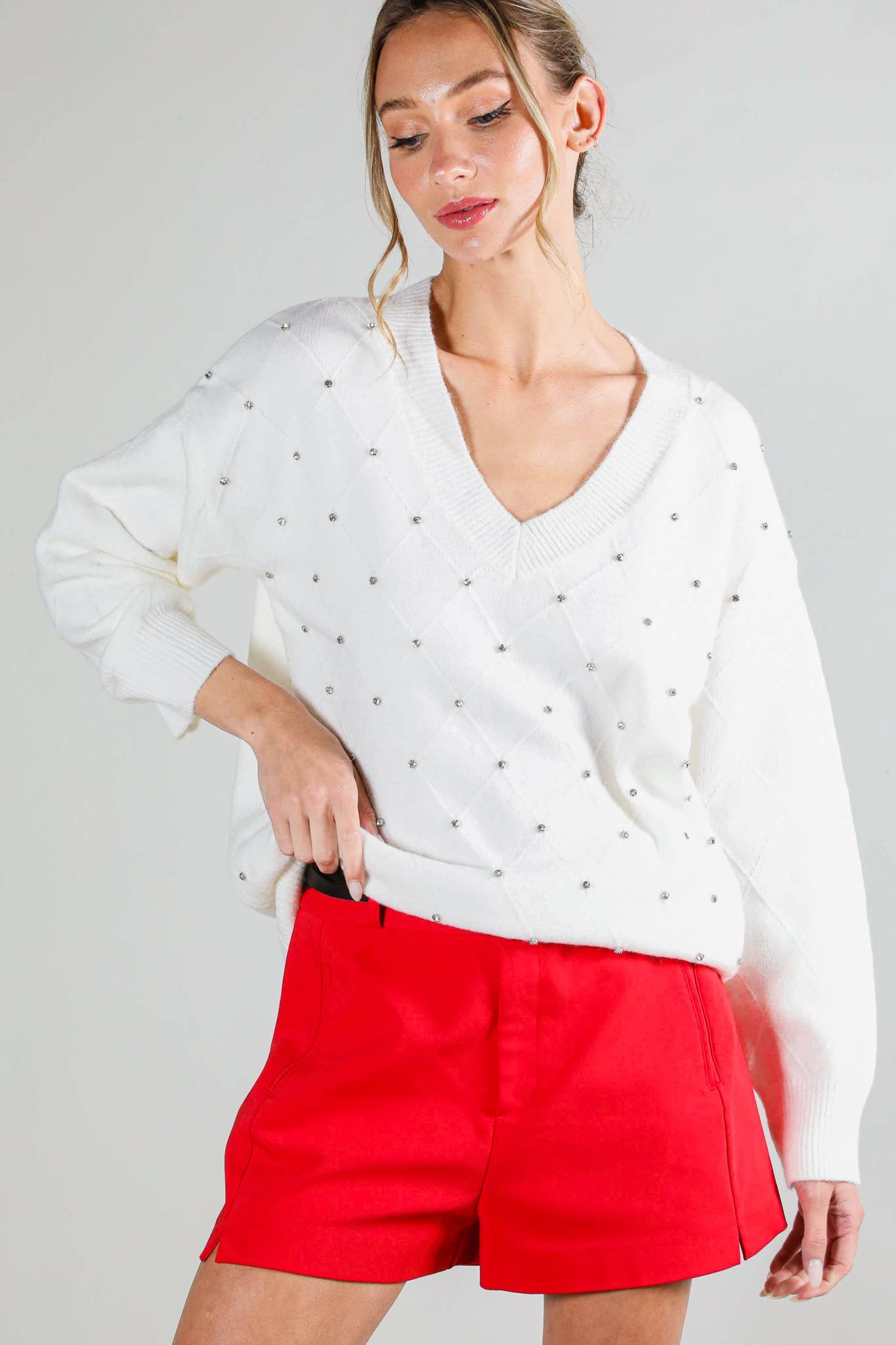 V - Neck Rhinestone Accent Argyle Knitted Sweater Top VT81546 - Mainstream Boutique