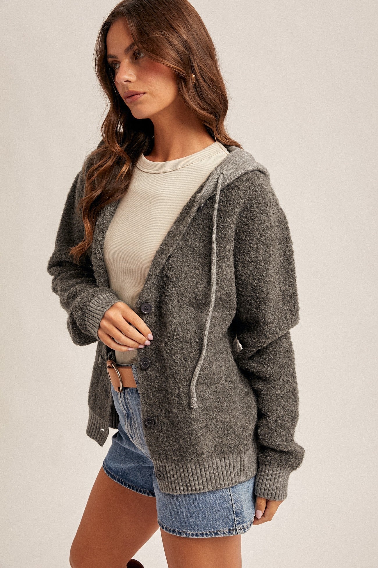 Button Down Boucle Hooded Sweater - Mainstream Boutique