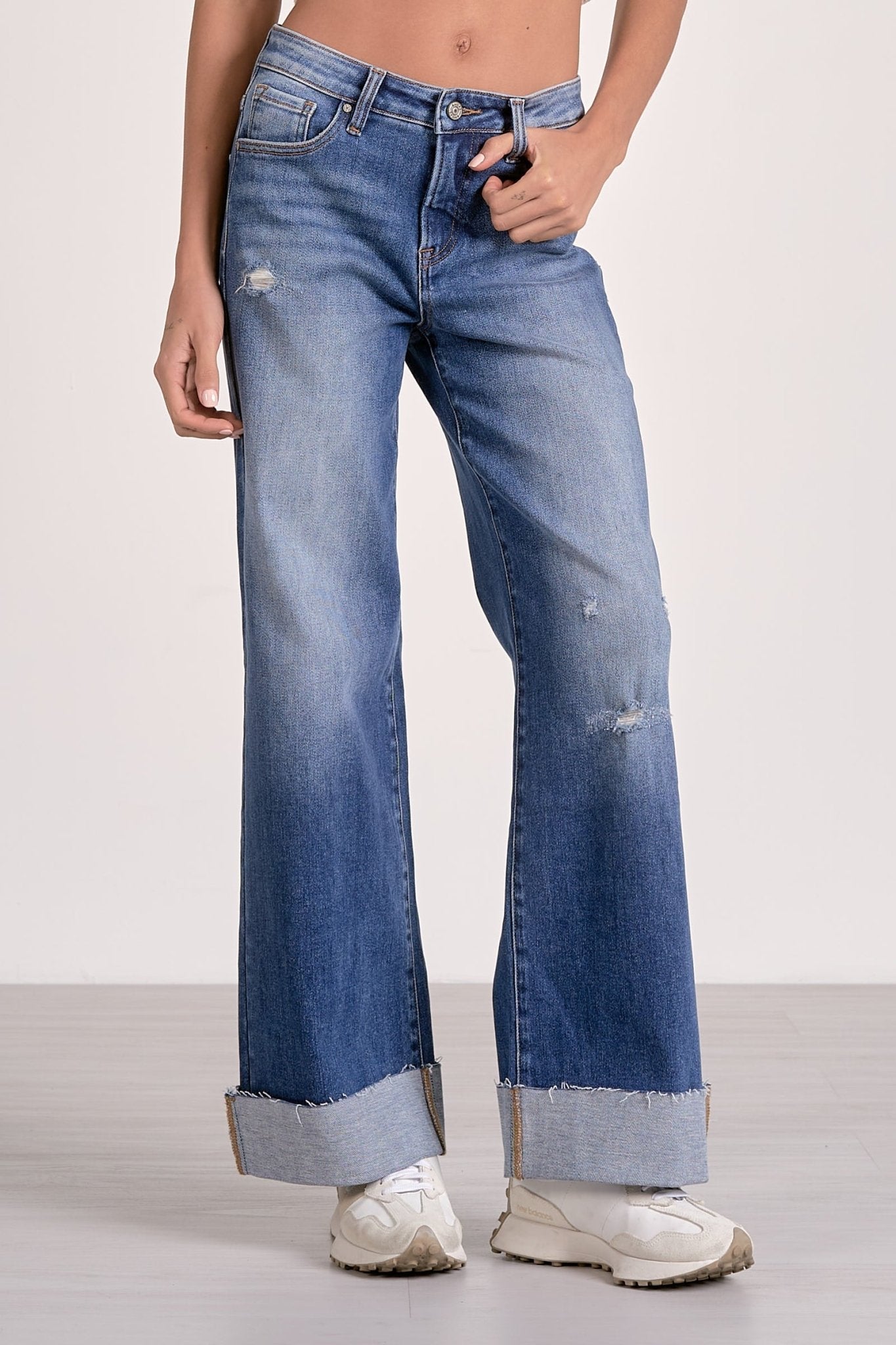 Women’s cuffed bottom jeans classic denim wash front view