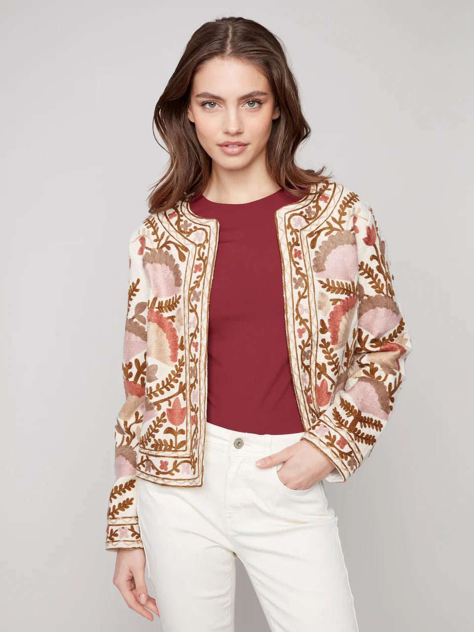 Charlie B Embroidered Open Front Jacket - Mainstream Boutique