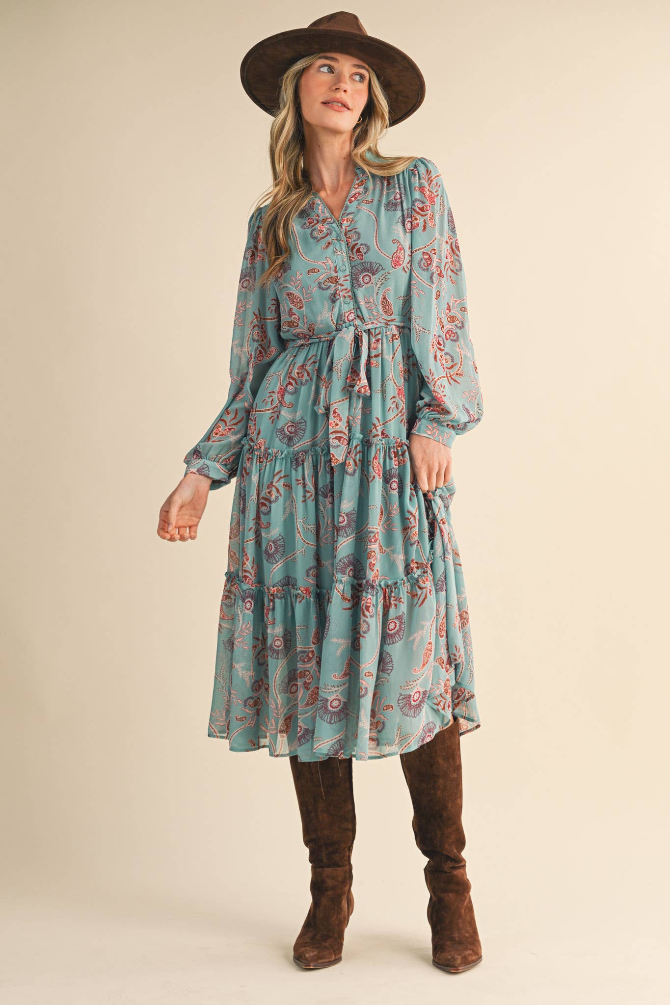 EXCLUSIVE PAISLEY PRINT RUFFLE TIERED MIDI DRESS MDR4534 - Mainstream Boutique