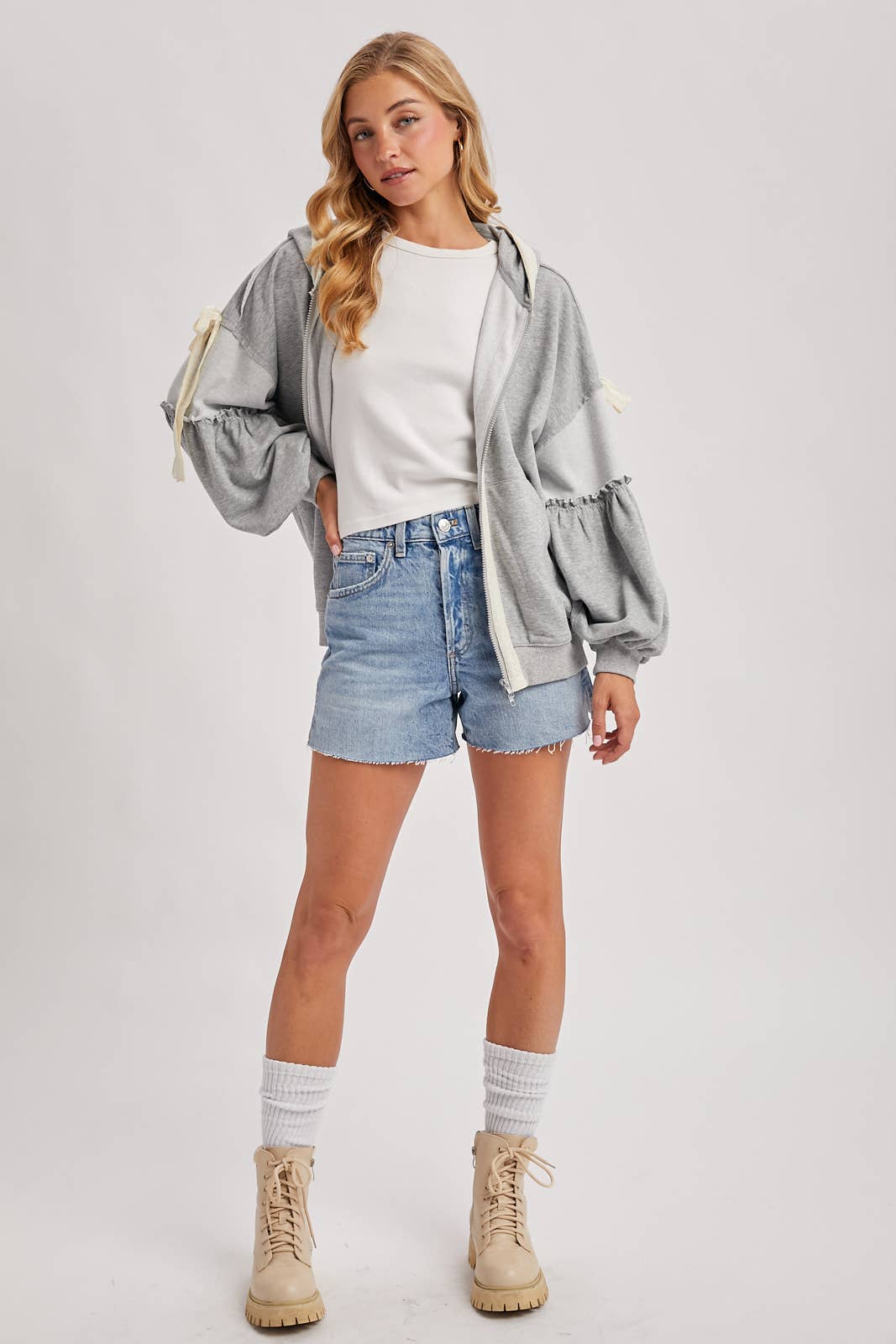 BALLOON SLEEVE LACE TRIMMED ZIPPER FRONT HOODIE OUTERWEAR - Mainstream Boutique