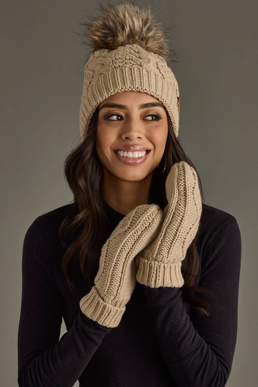 Taupe Cable Knit Pom Hat - Mainstream Boutique