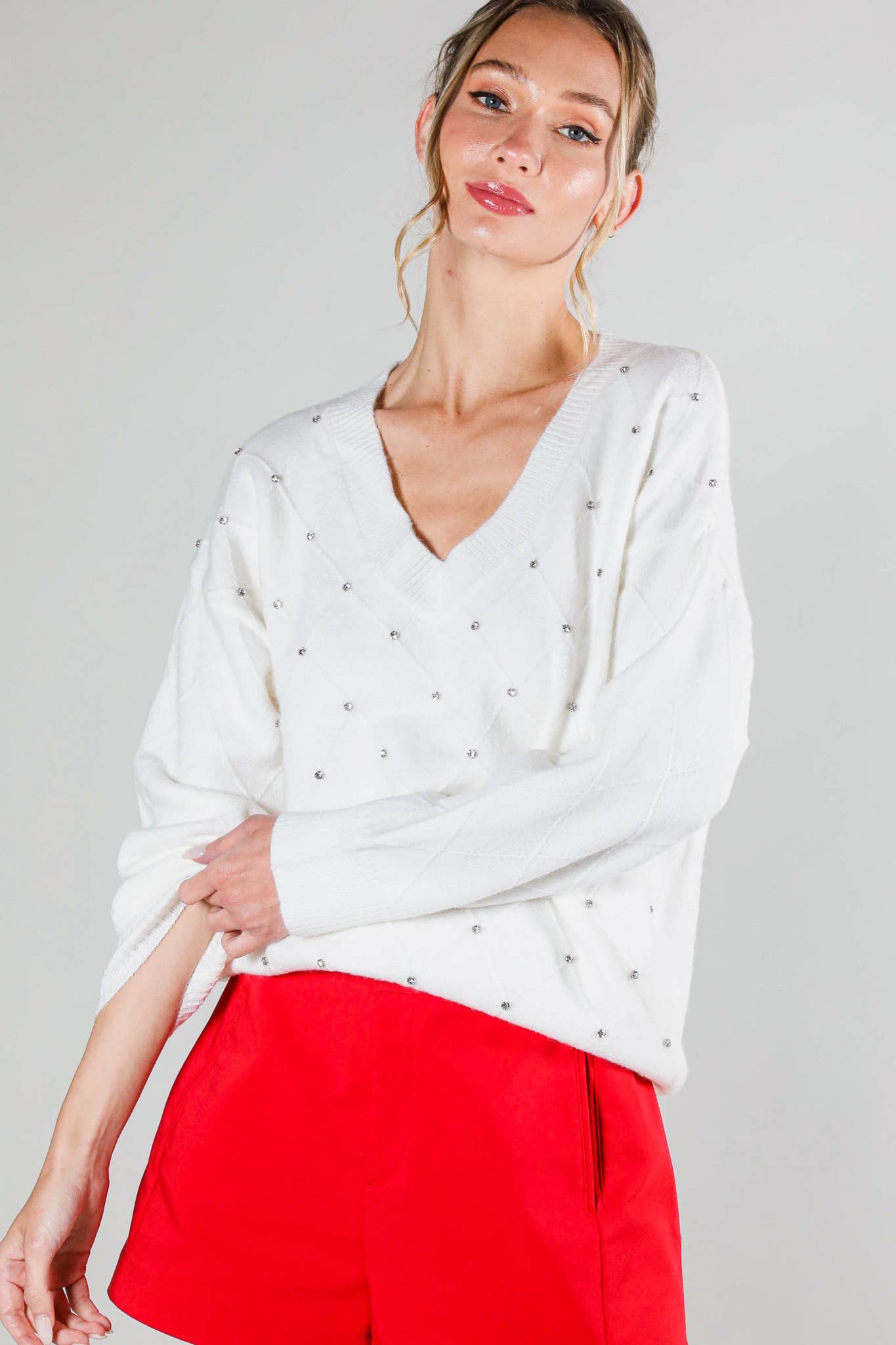 V - Neck Rhinestone Accent Argyle Knitted Sweater Top VT81546 - Mainstream Boutique