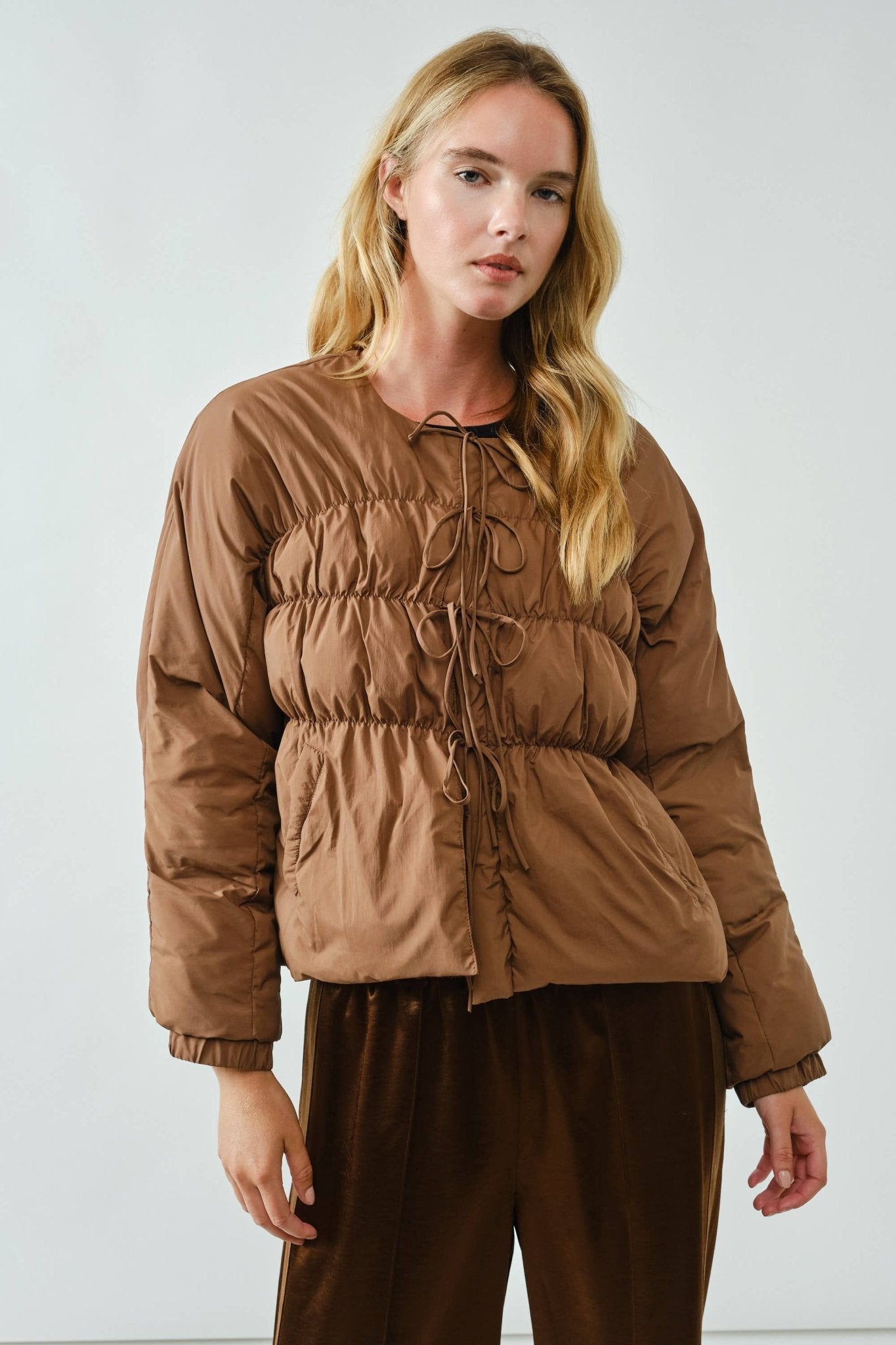 Babydoll Ribbon Padded Jacket - Brown - Mainstream Boutique