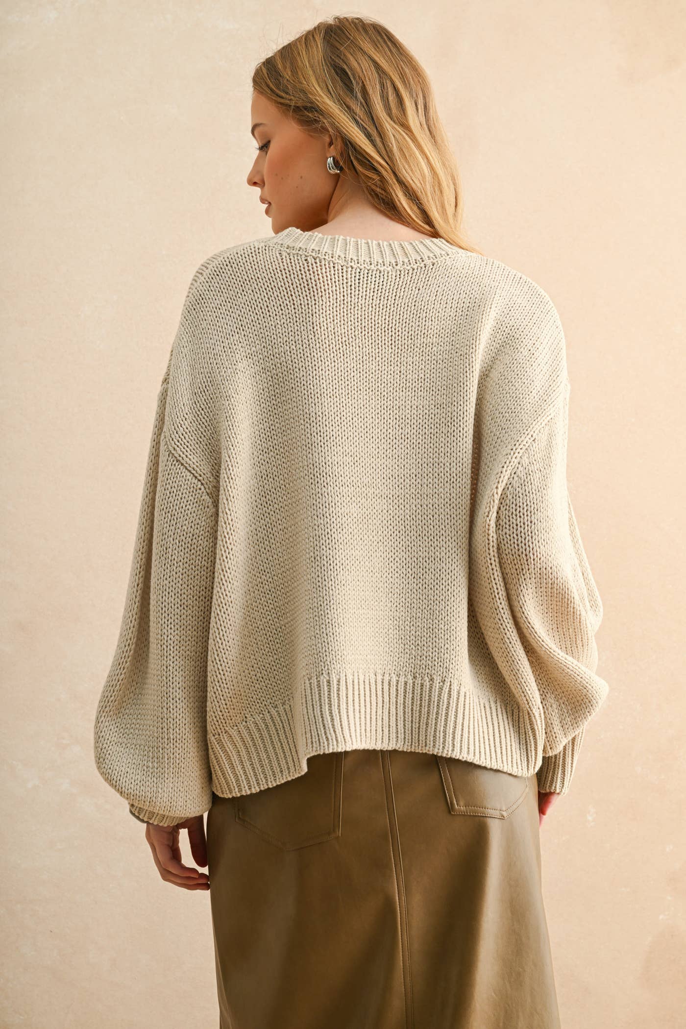 Miou Muse Balloon Sleeve Sweater Top - Stone - Mainstream Boutique