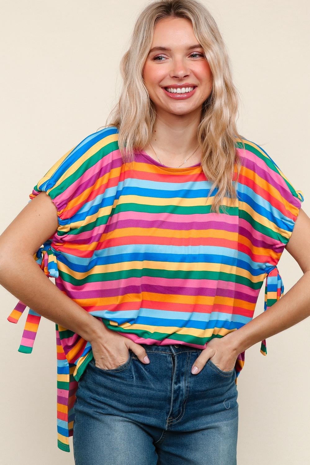 High Low Muti Color Stripe Print Knit Top - Mainstream Boutique