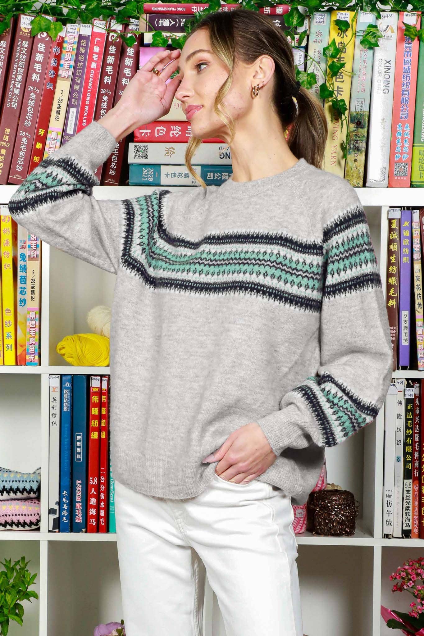 Crew Neck Balloon Sleeve Geo Pattern Printed Sweater - Mainstream Boutique