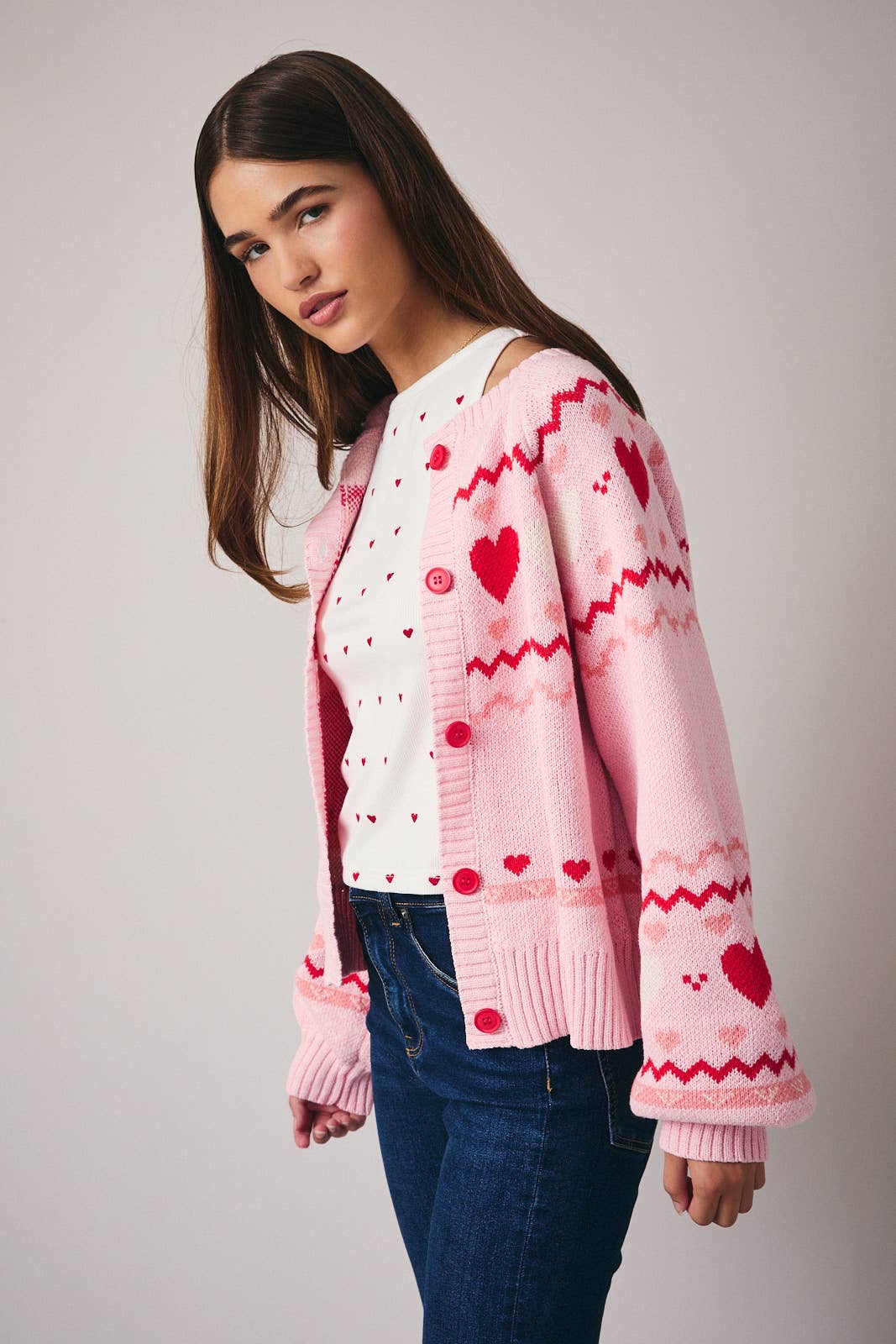 ROUND NECK LONG SLEEVE "HEART" PATTERN SWEATER CARDIGAN - Mainstream Boutique