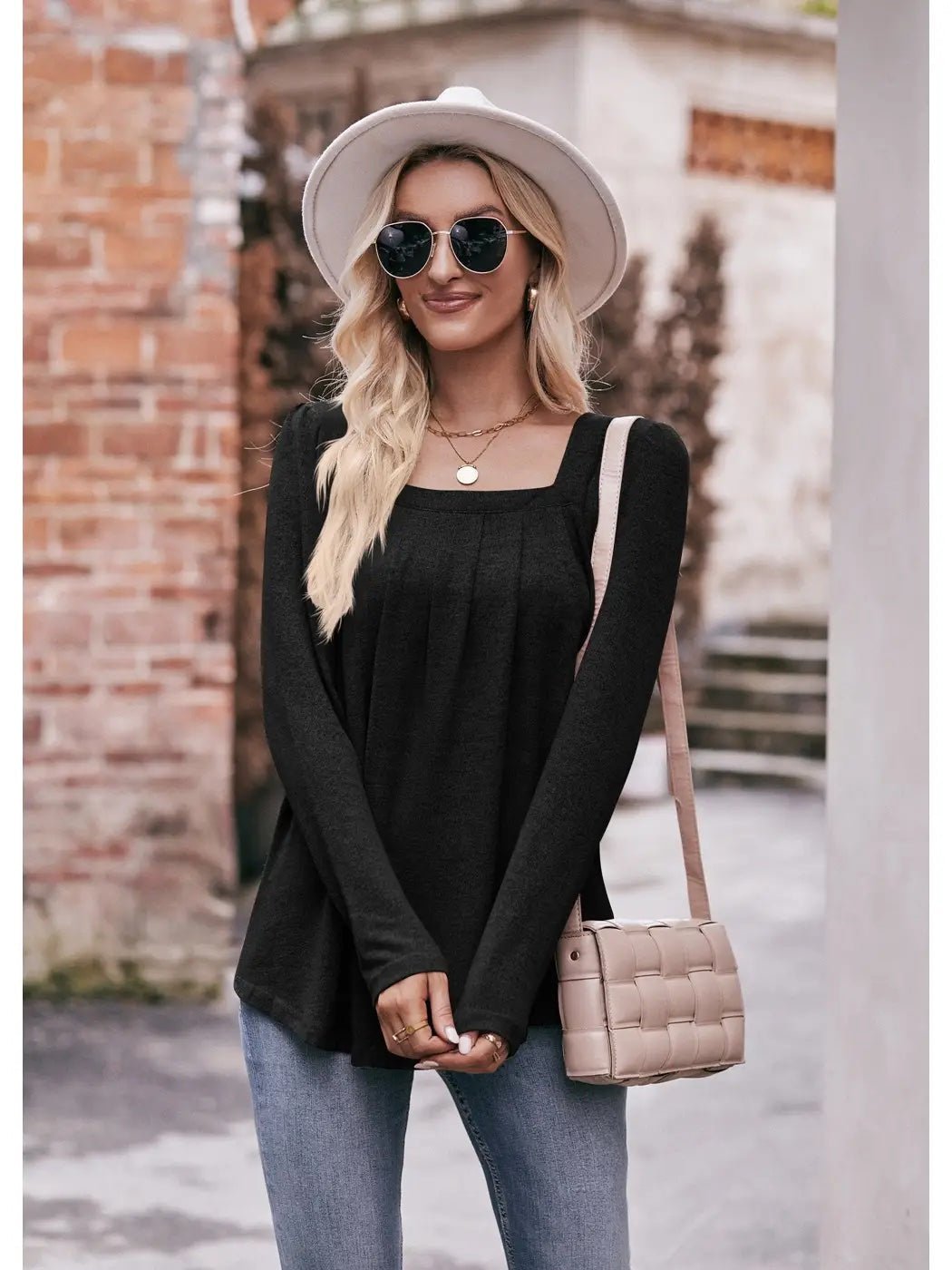 Pleated Square Neck Long Sleeve Top - Mainstream Boutique