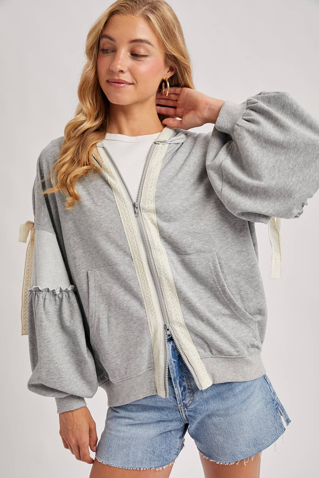 BALLOON SLEEVE LACE TRIMMED ZIPPER FRONT HOODIE OUTERWEAR - Mainstream Boutique