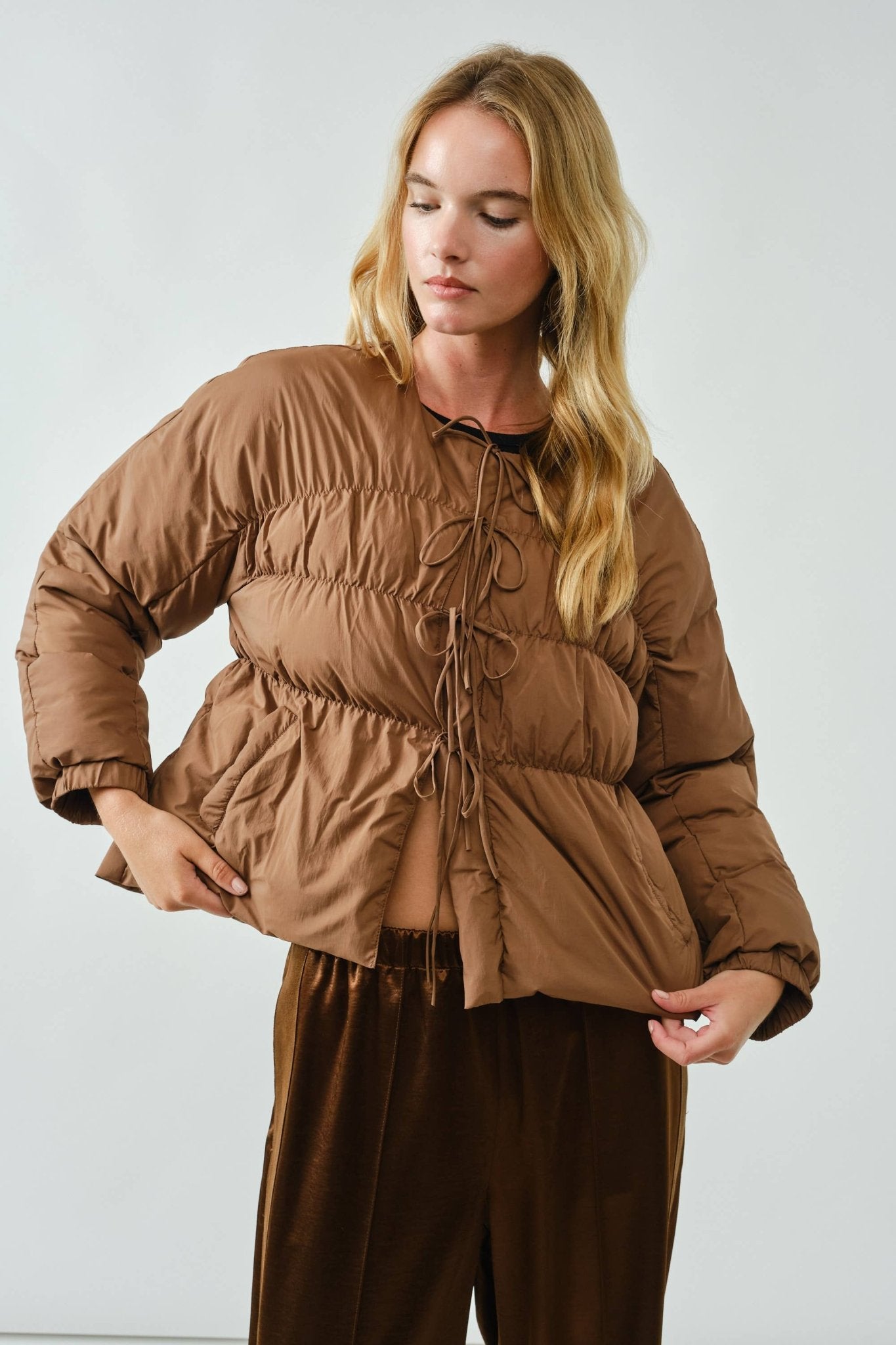 Babydoll Ribbon Padded Jacket - Brown - Mainstream Boutique