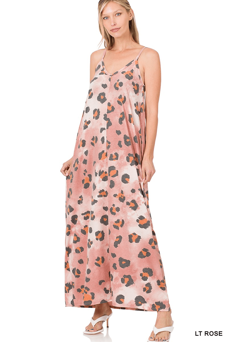 Leopard V - Neck Cami Maxi Dress W/ Side Pockets - Mainstream Boutique