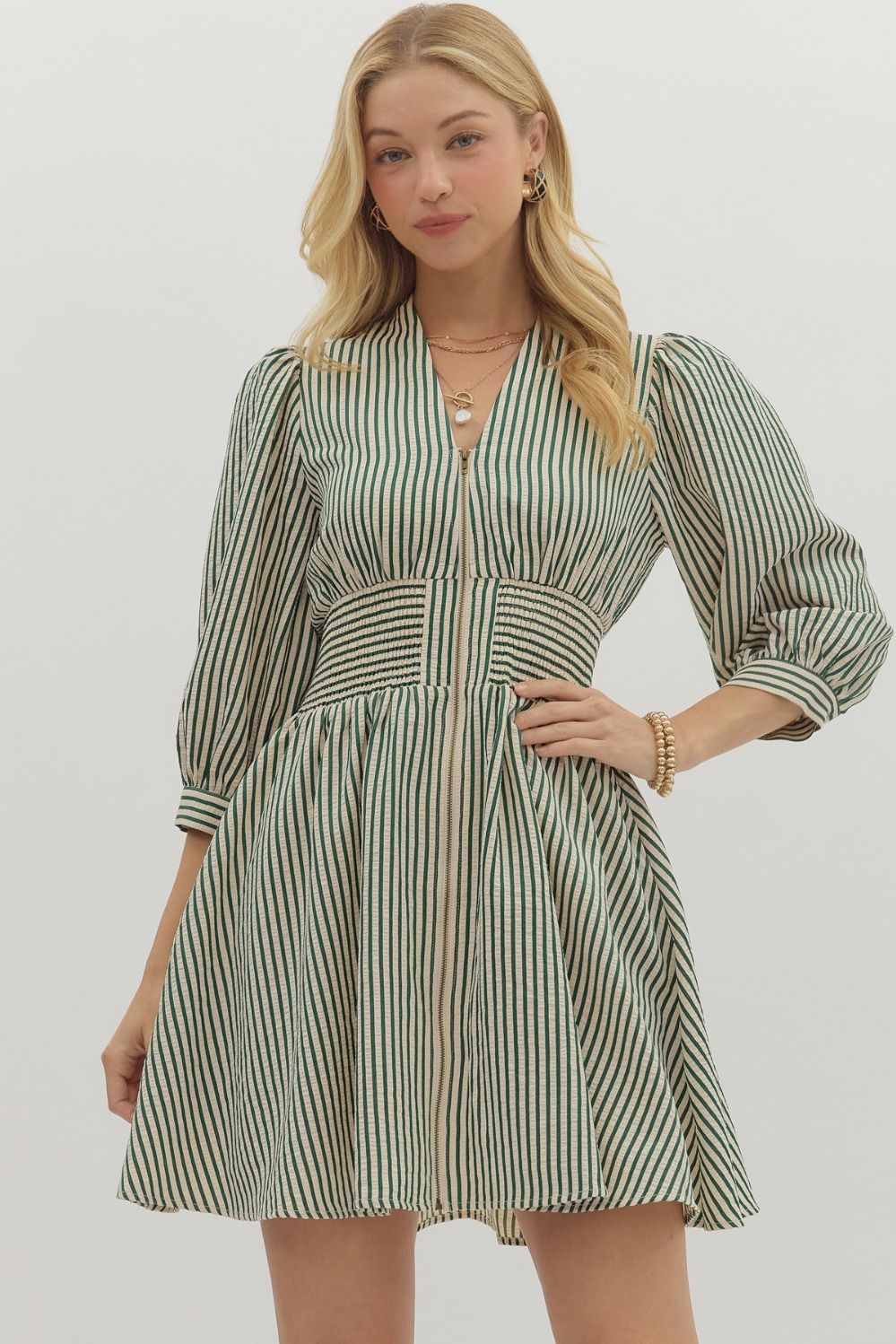 Puff Sleeve Striped Zip - Up Dress - Mainstream Boutique