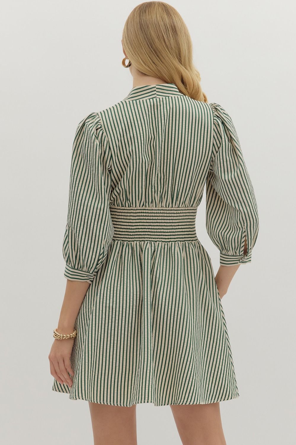 Puff Sleeve Striped Zip - Up Dress - Mainstream Boutique
