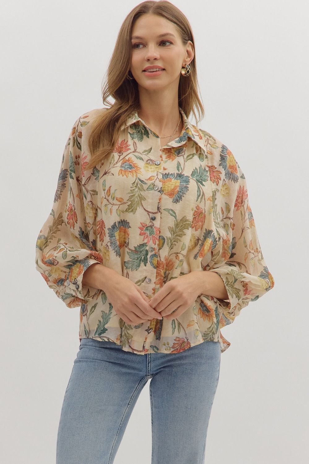 Drop Shoulder Flower Blouse - Mainstream Boutique