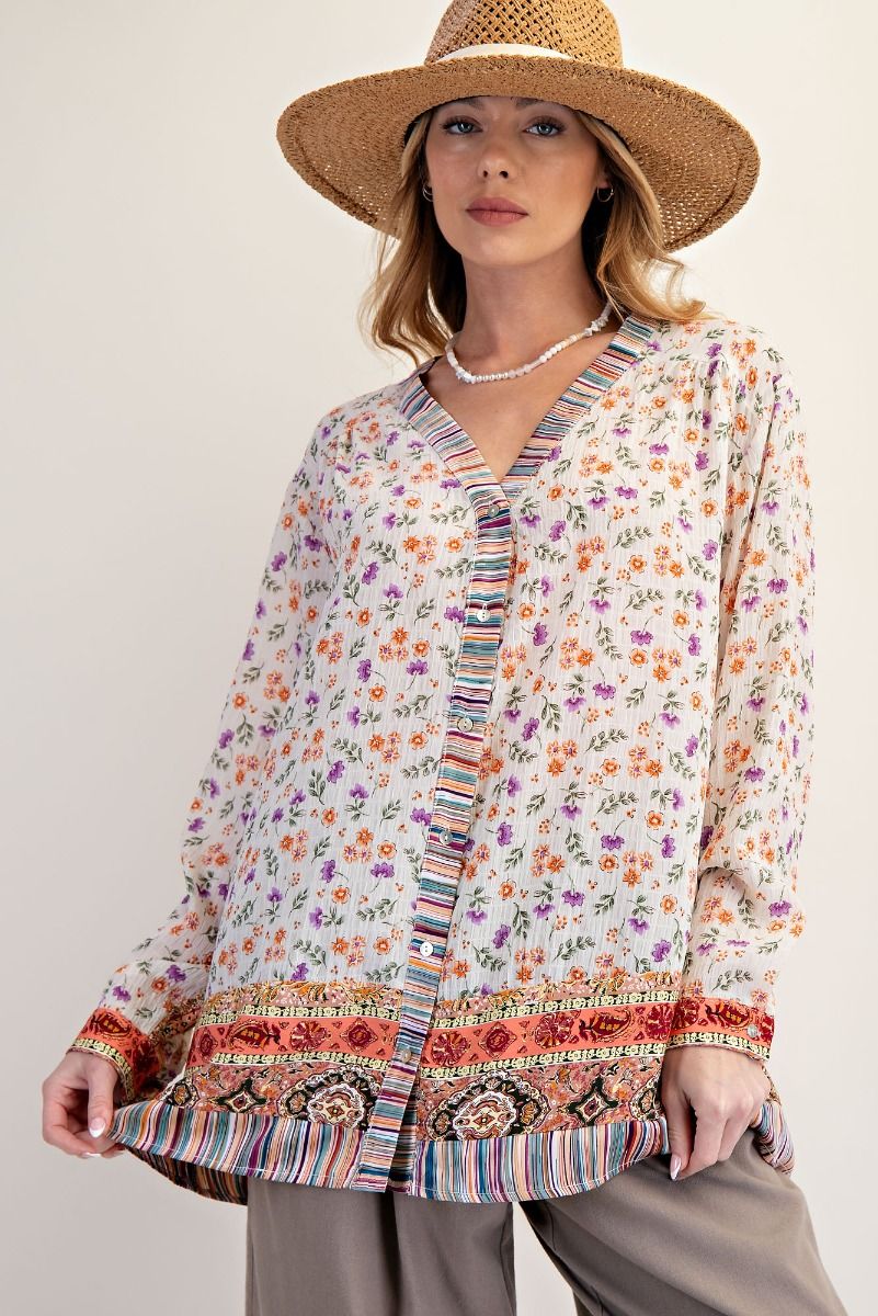 Mixed Print Button Down Top - Mainstream Boutique