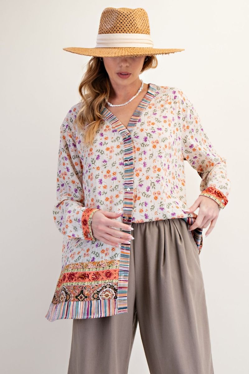 Mixed Print Button Down Top - Mainstream Boutique
