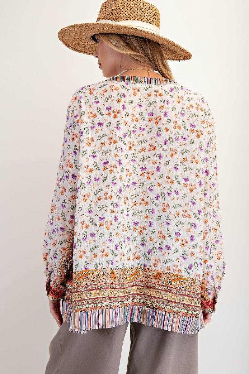 Mixed Print Button Down Top - Mainstream Boutique