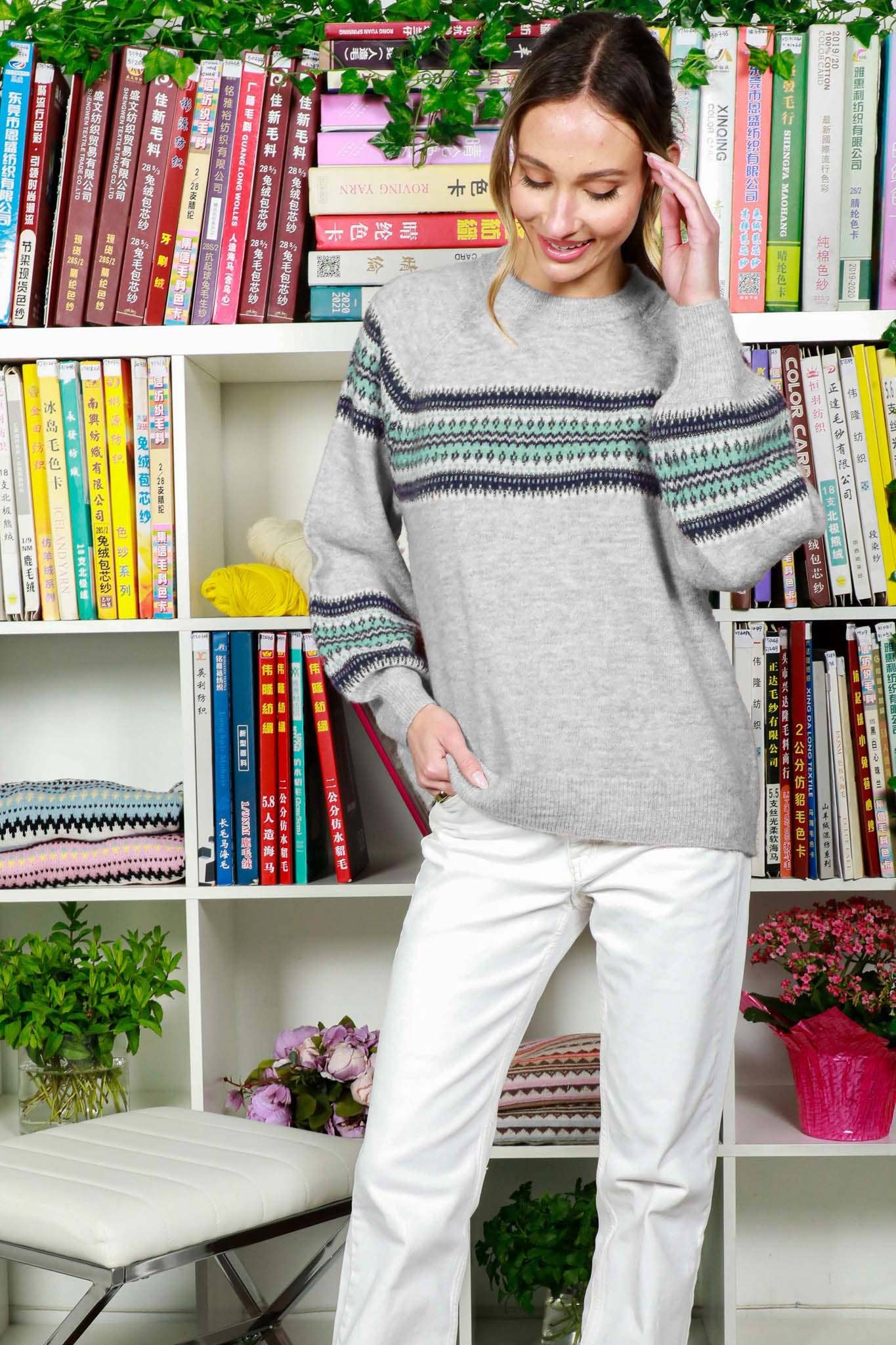 Crew Neck Balloon Sleeve Geo Pattern Printed Sweater - Mainstream Boutique