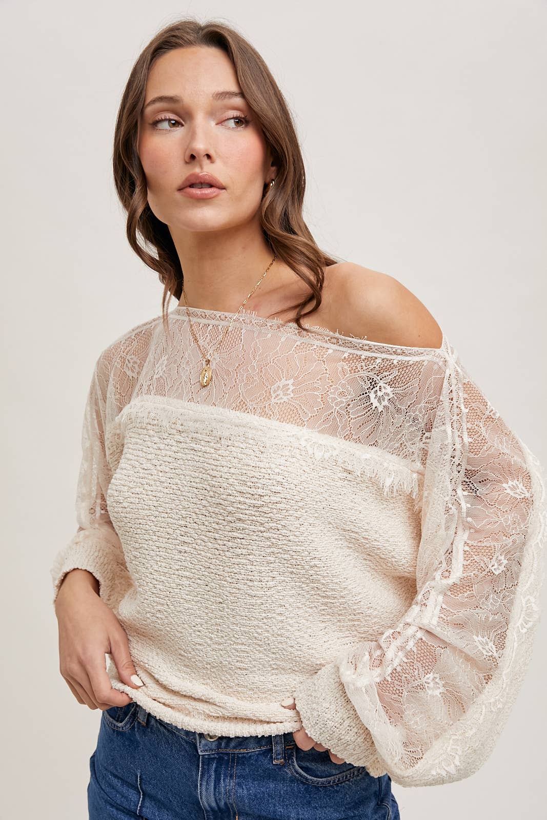 BOAT NECK LACE TRIMMED KNIT SWEATER PULLOVER - Mainstream Boutique