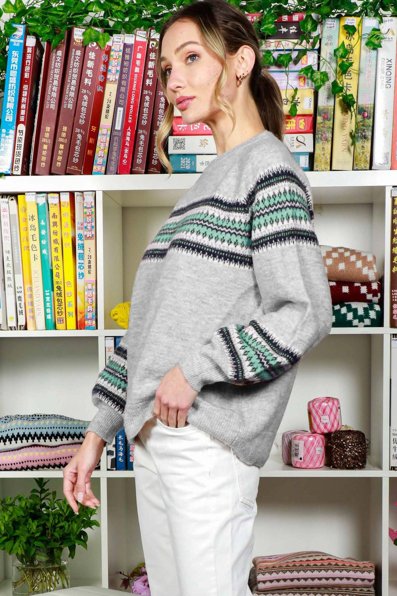 Crew Neck Balloon Sleeve Geo Pattern Printed Sweater - Mainstream Boutique