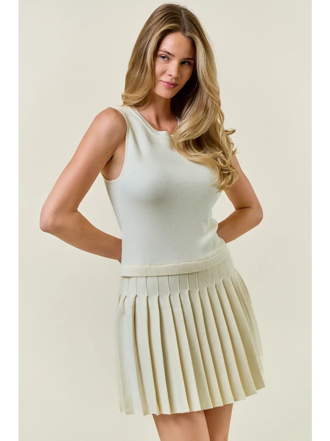 Pleated Knit Mini Dress With Keyhole Back - Mainstream Boutique