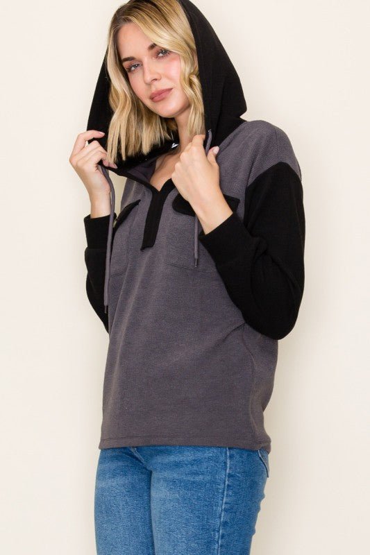 Split Neck Hoodie Top - Mainstream Boutique