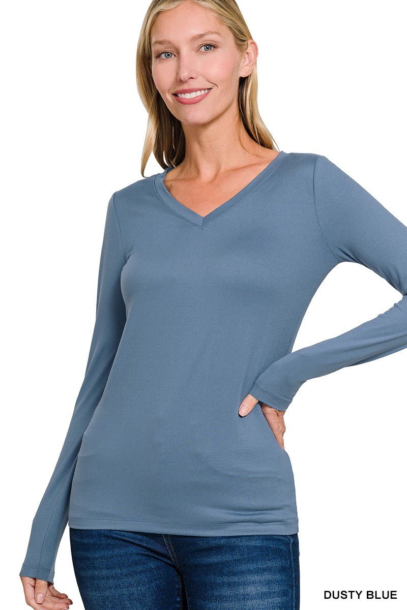BRUSHED MICROFIBER LONG SLEEVE V - NECK TEE - Mainstream Boutique