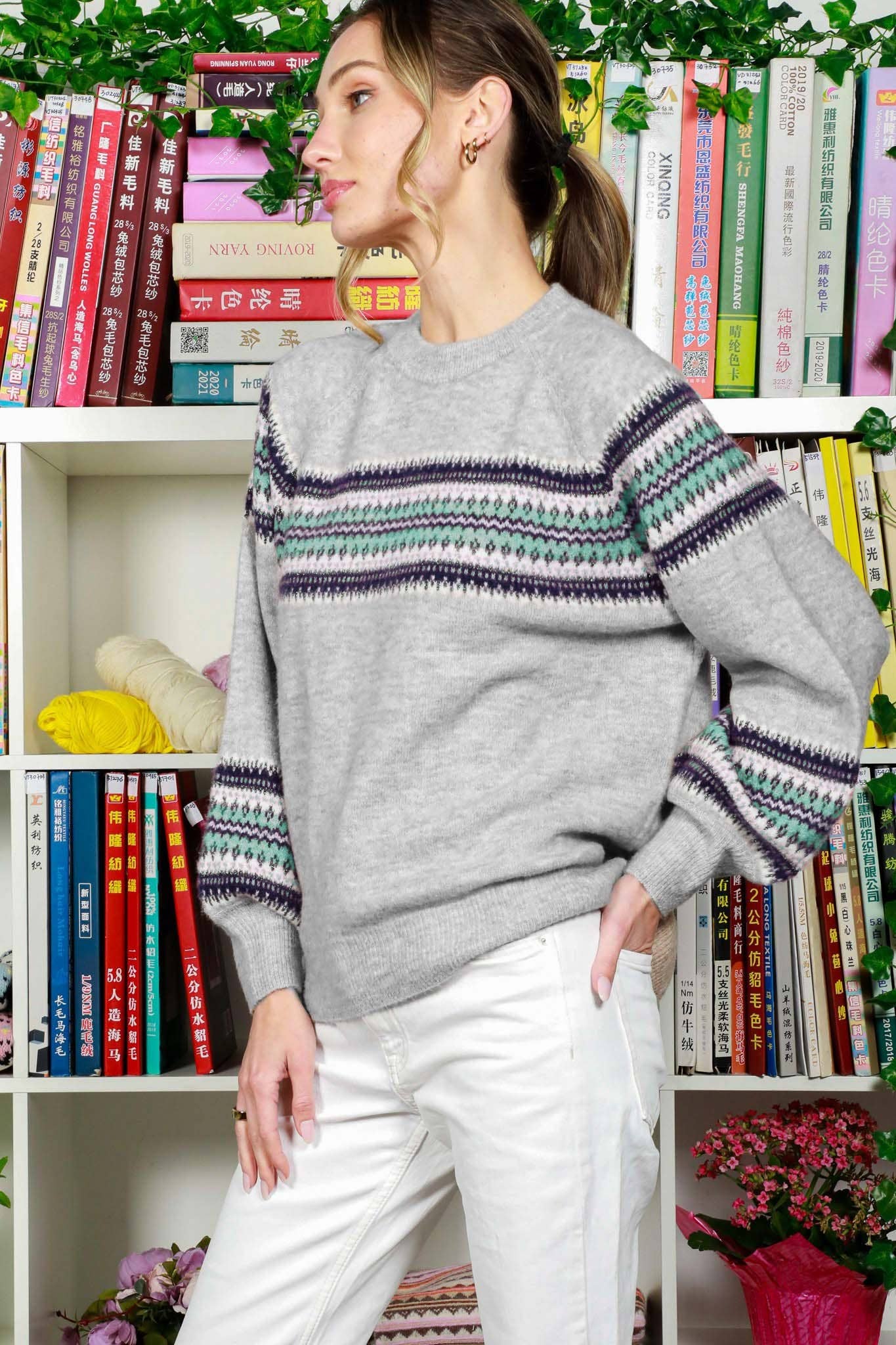 Crew Neck Balloon Sleeve Geo Pattern Printed Sweater - Mainstream Boutique