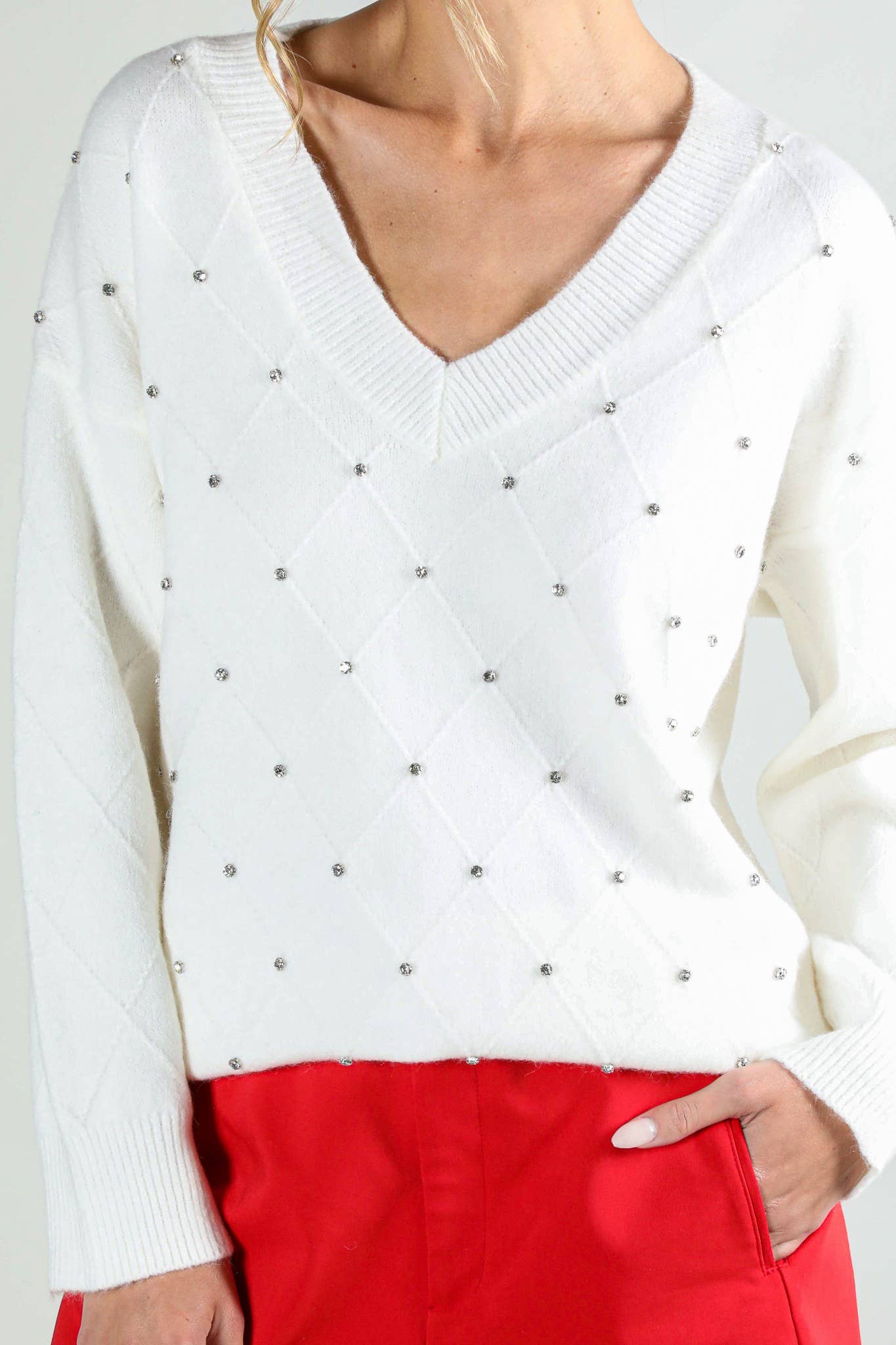 V - Neck Rhinestone Accent Argyle Knitted Sweater Top VT81546 - Mainstream Boutique