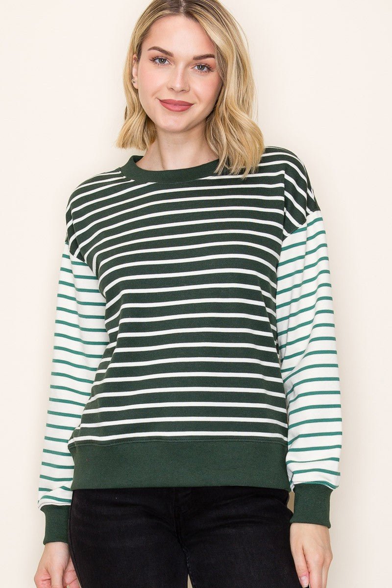 Crew Neck Long Sleeve Mix Striped French Terry Sweatshirt - Mainstream Boutique