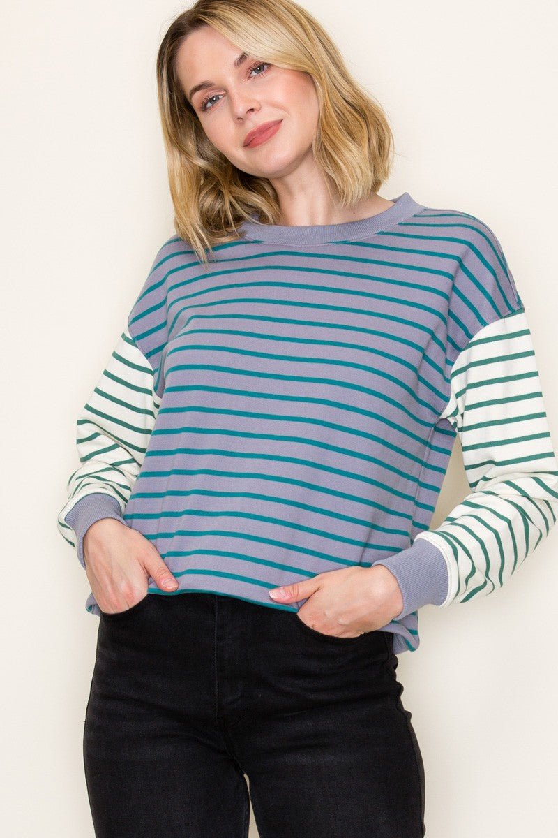Crew Neck Long Sleeve Mix Striped French Terry Sweatshirt - Mainstream Boutique