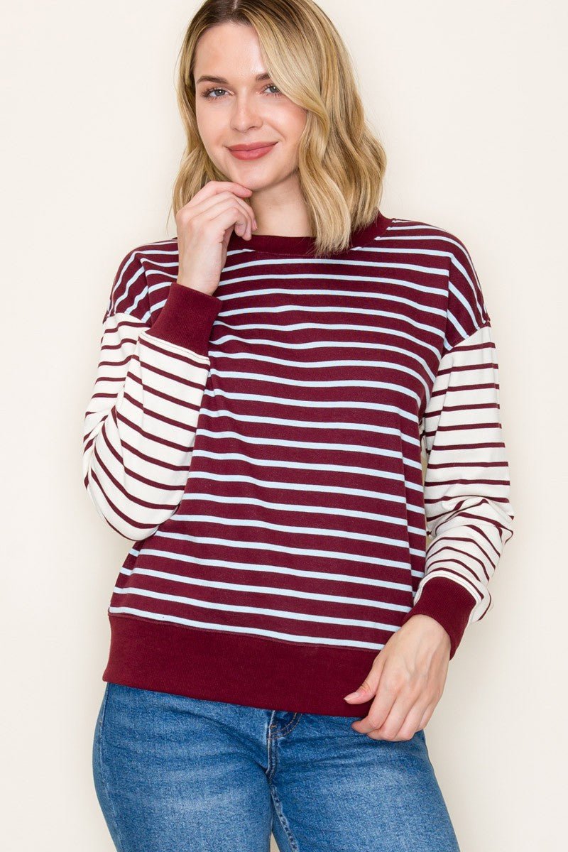 Crew Neck Long Sleeve Mix Striped French Terry Sweatshirt - Mainstream Boutique