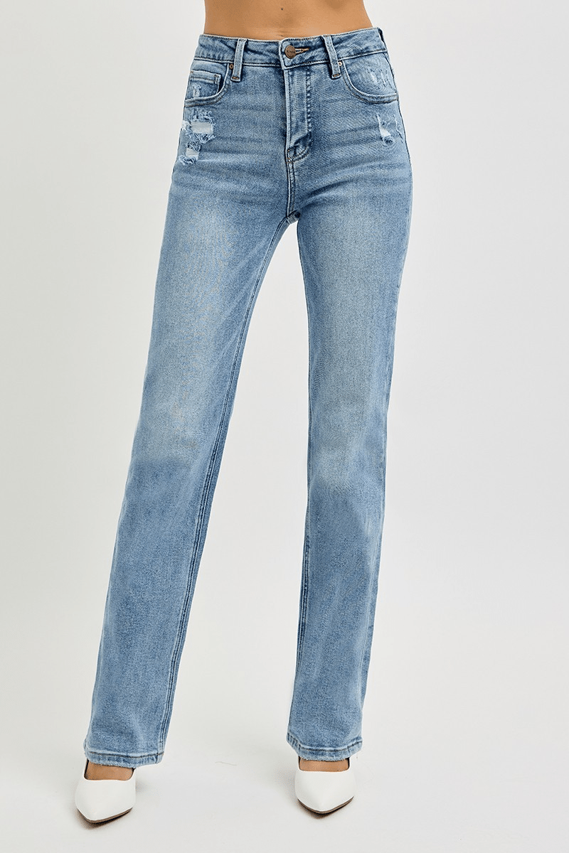 Tummy Control High Rise Straight Distressed Jeans - Mainstream Boutique