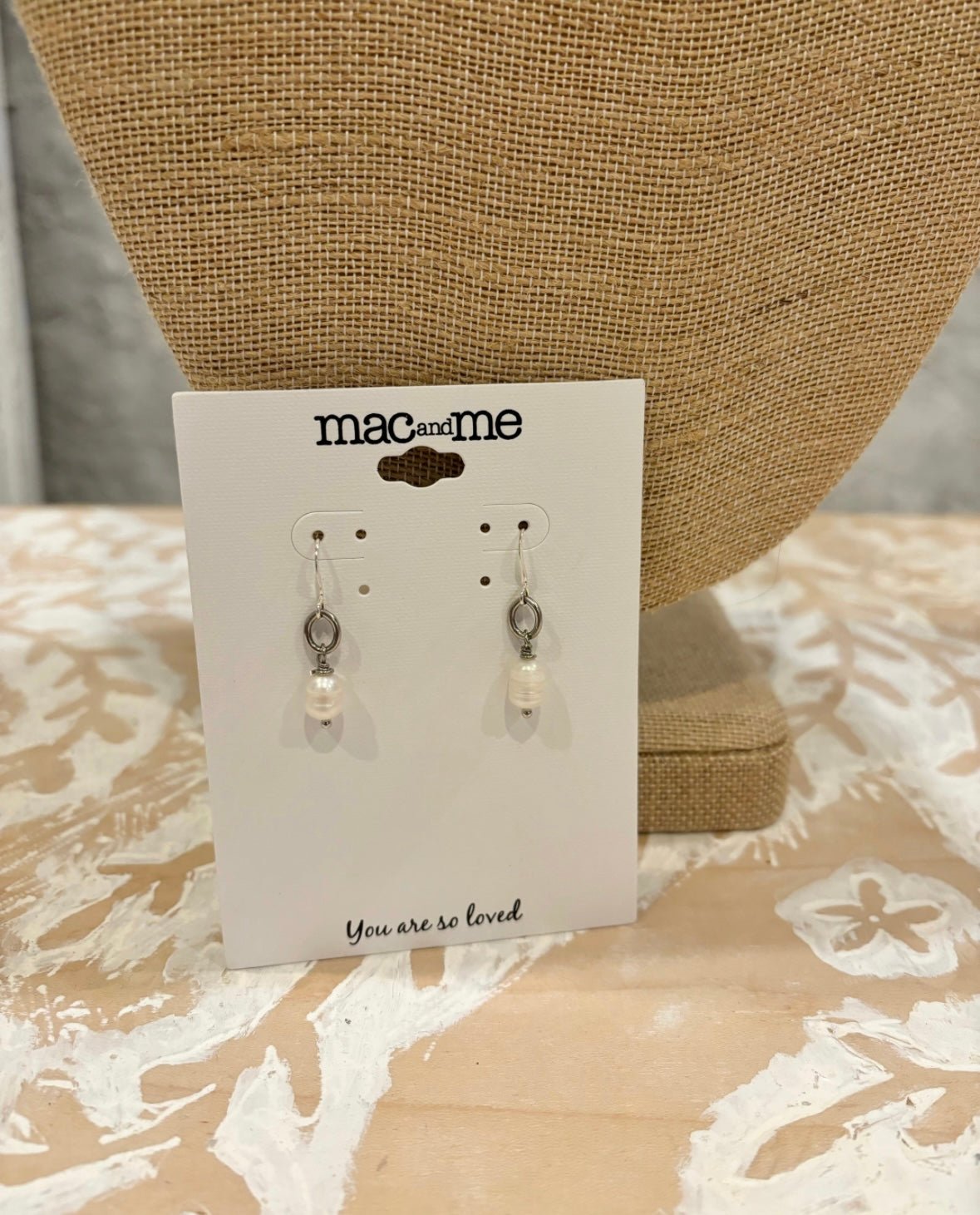 Mac and Me freshwater pearl French wire hook earrings with wrapped wire detail
