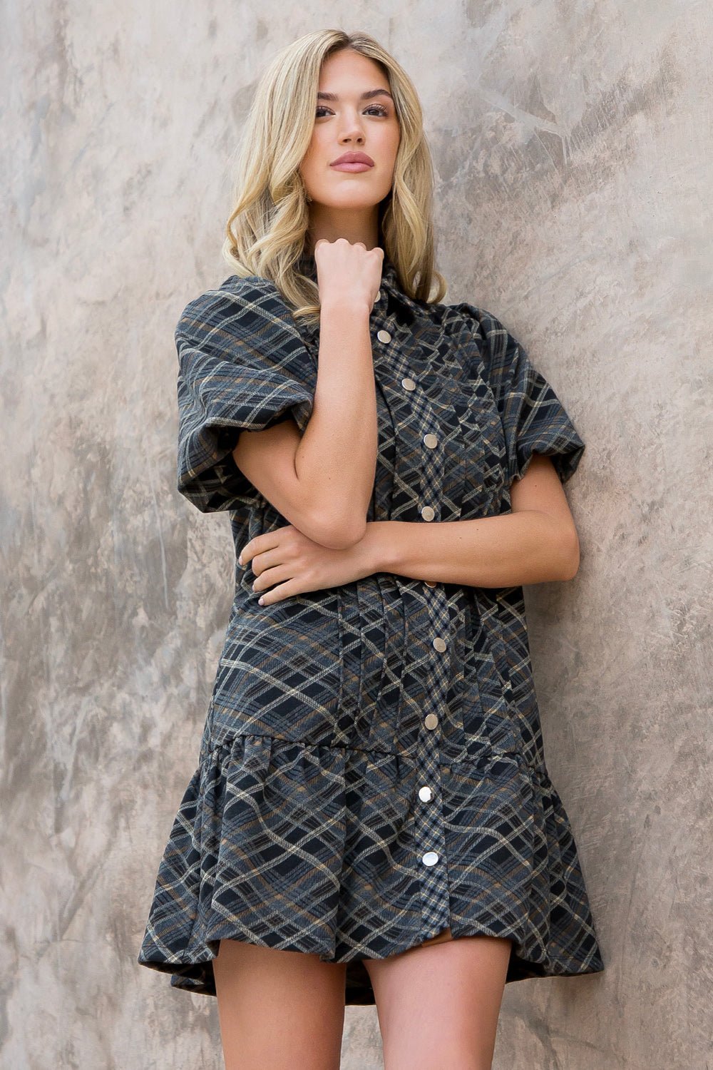 THML Puff Sleeve Plaid Suede Dress - Black - Mainstream Boutique
