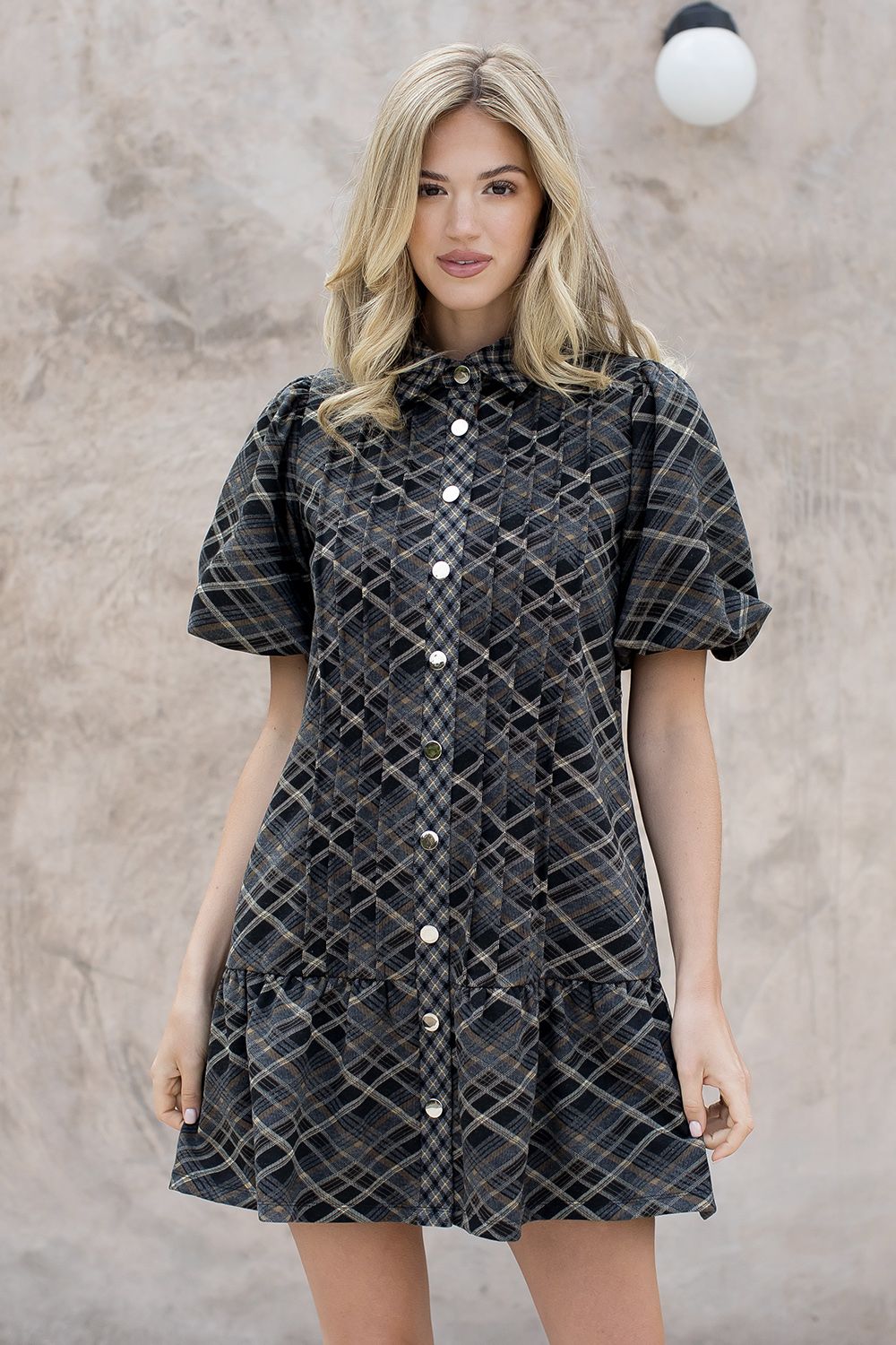 THML Puff Sleeve Plaid Suede Dress - Black - Mainstream Boutique