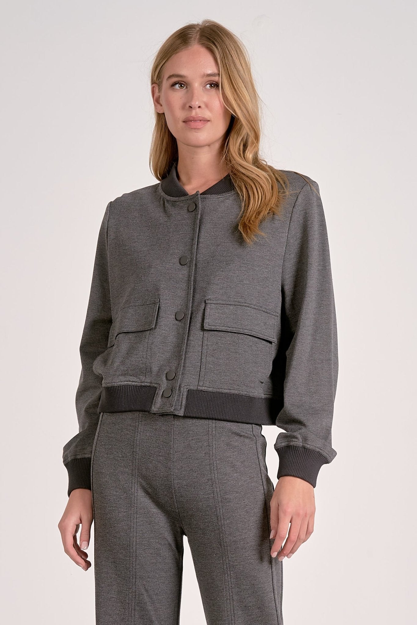 front view modern heather grey bomber jacket