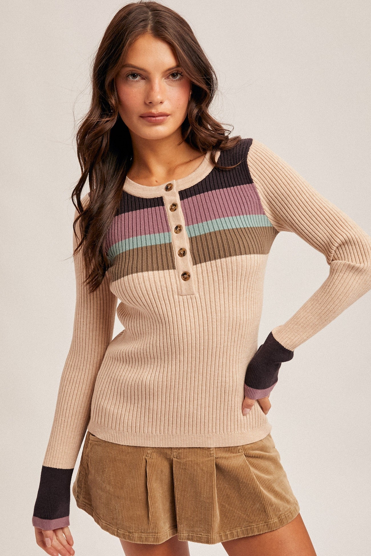 Ribbed Henley Sweater Top - Mainstream Boutique